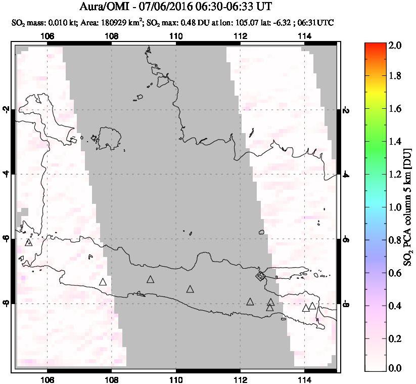 A sulfur dioxide image over Java, Indonesia on Jul 06, 2016.