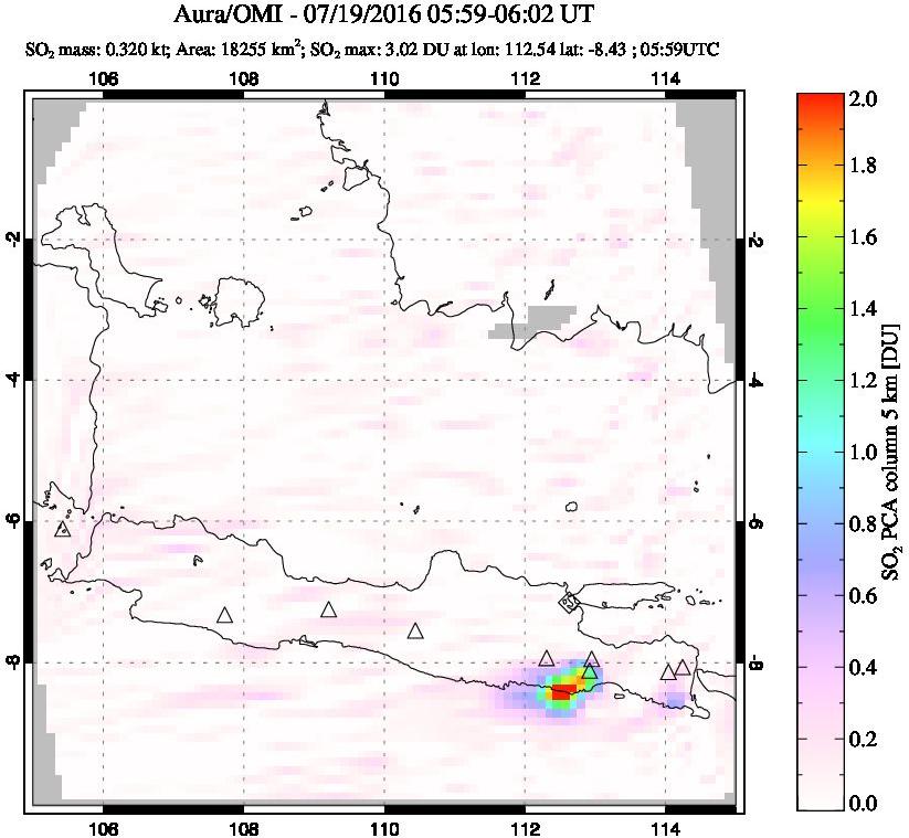 A sulfur dioxide image over Java, Indonesia on Jul 19, 2016.