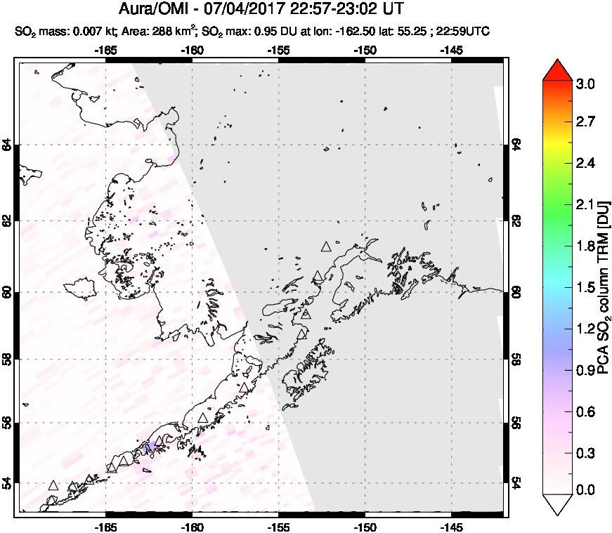 A sulfur dioxide image over Alaska, USA on Jul 04, 2017.