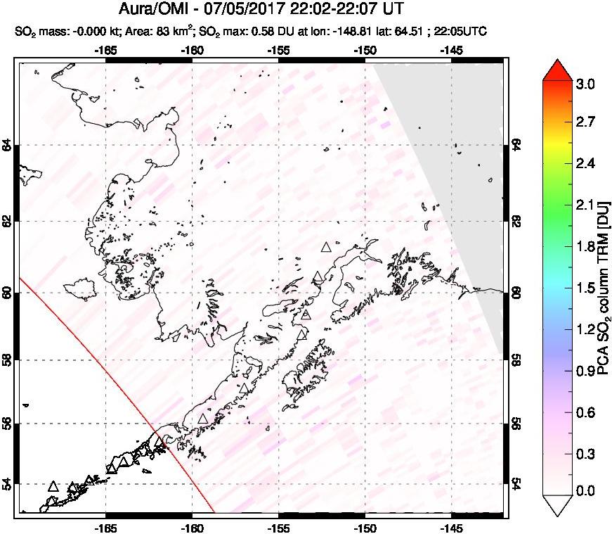 A sulfur dioxide image over Alaska, USA on Jul 05, 2017.