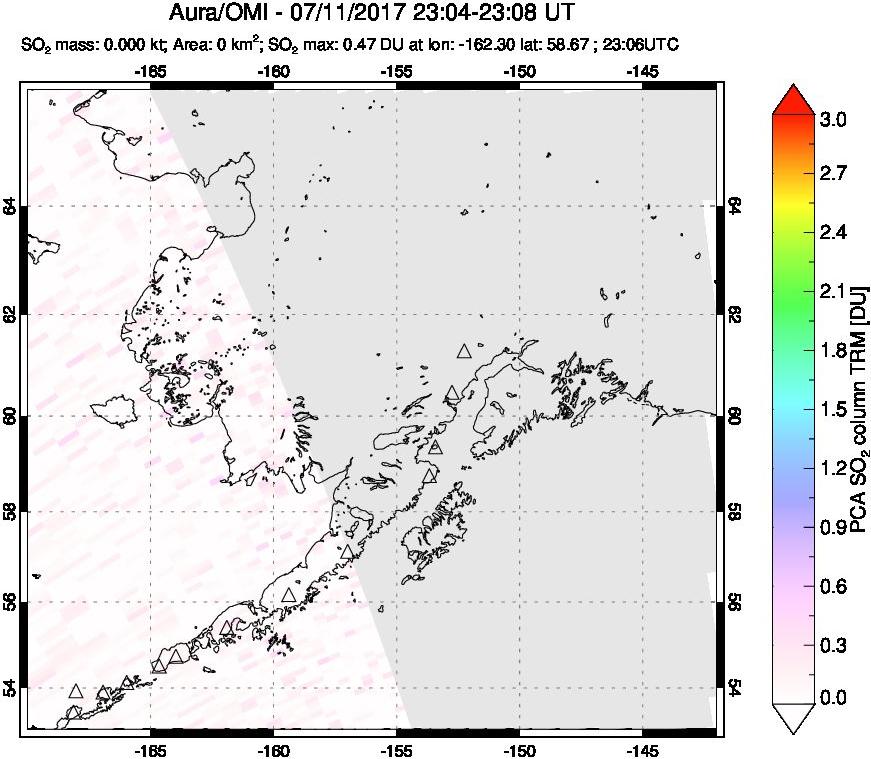 A sulfur dioxide image over Alaska, USA on Jul 11, 2017.