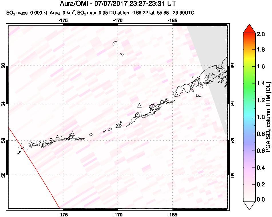 A sulfur dioxide image over Aleutian Islands, Alaska, USA on Jul 07, 2017.