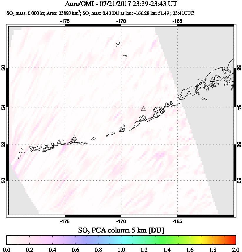 A sulfur dioxide image over Aleutian Islands, Alaska, USA on Jul 21, 2017.