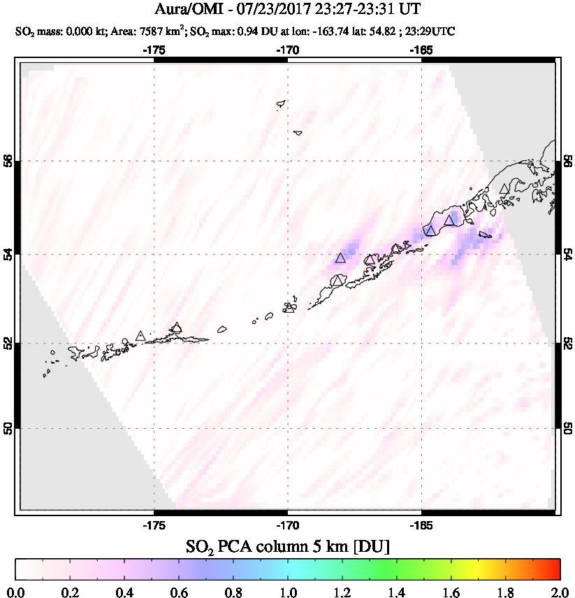 A sulfur dioxide image over Aleutian Islands, Alaska, USA on Jul 23, 2017.