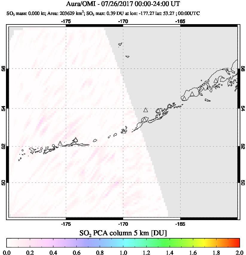 A sulfur dioxide image over Aleutian Islands, Alaska, USA on Jul 26, 2017.