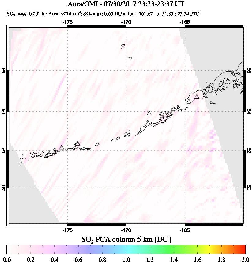 A sulfur dioxide image over Aleutian Islands, Alaska, USA on Jul 30, 2017.