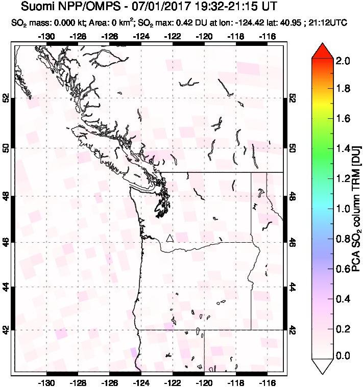 A sulfur dioxide image over Cascade Range, USA on Jul 01, 2017.