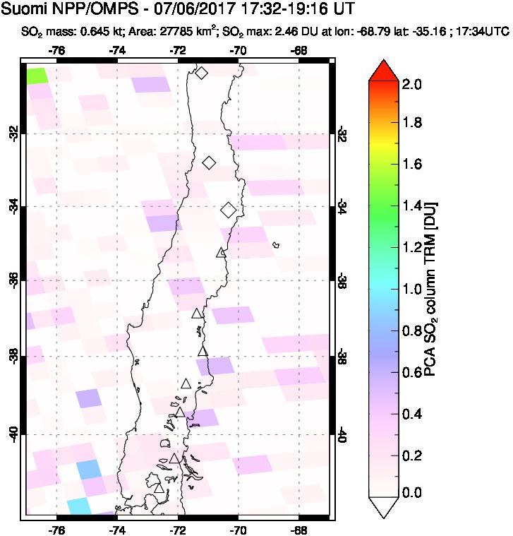 A sulfur dioxide image over Central Chile on Jul 06, 2017.