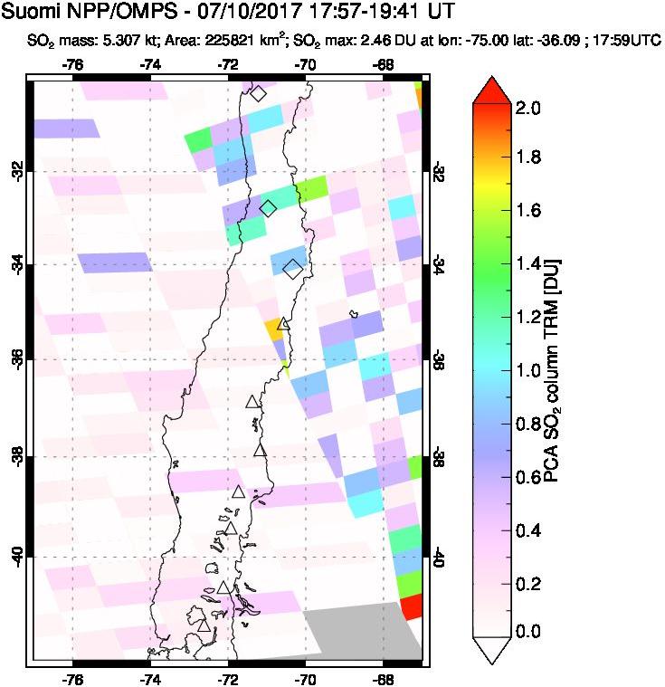 A sulfur dioxide image over Central Chile on Jul 10, 2017.