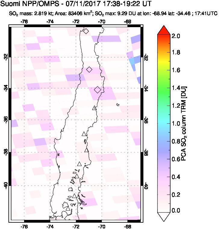 A sulfur dioxide image over Central Chile on Jul 11, 2017.