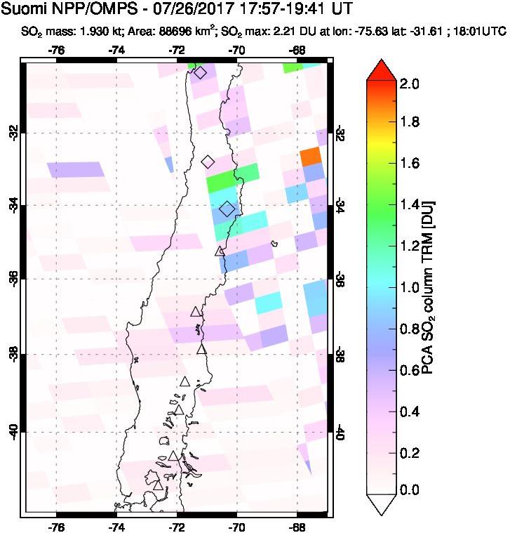 A sulfur dioxide image over Central Chile on Jul 26, 2017.