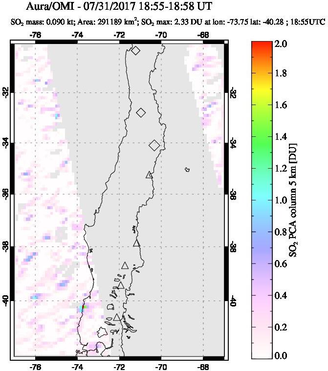 A sulfur dioxide image over Central Chile on Jul 31, 2017.