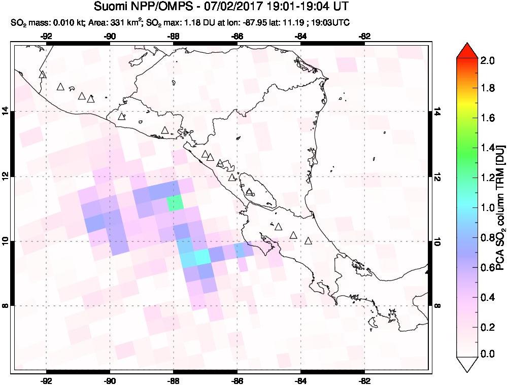 A sulfur dioxide image over Central America on Jul 02, 2017.