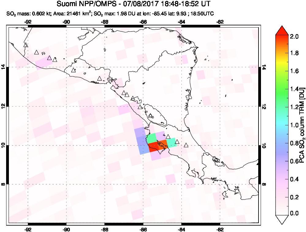 A sulfur dioxide image over Central America on Jul 08, 2017.