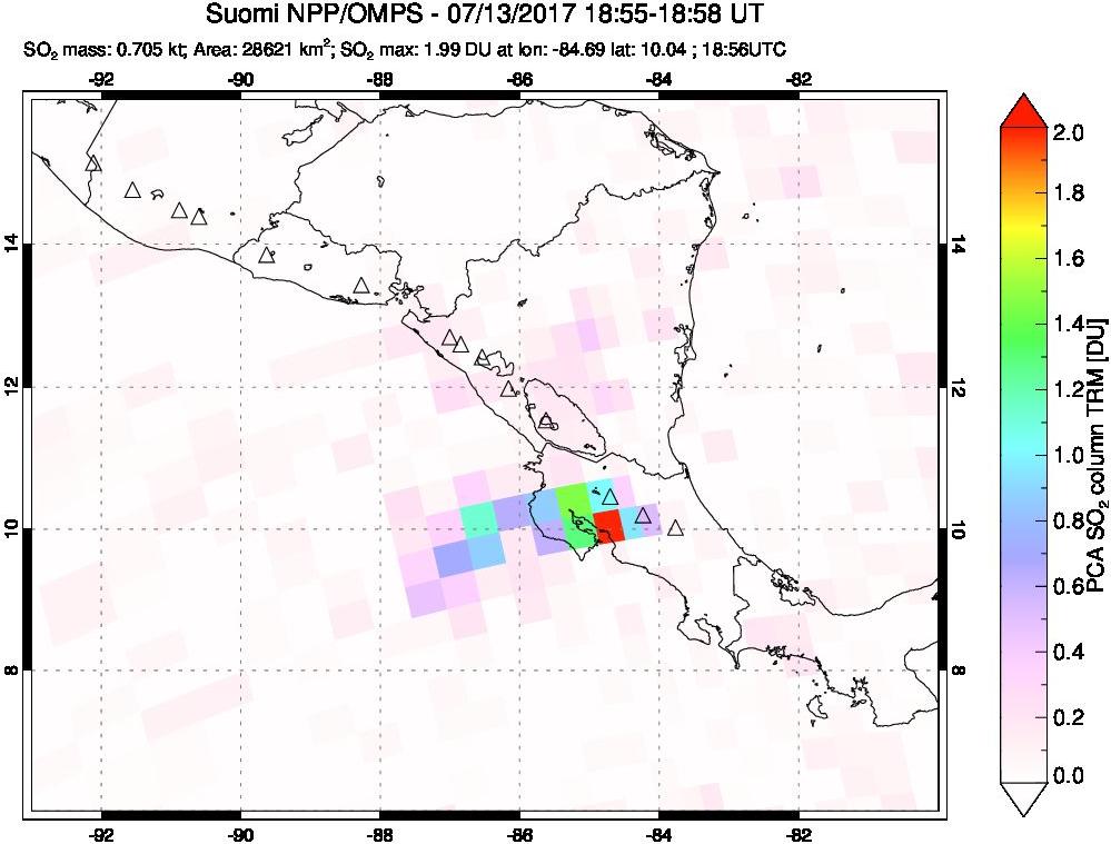 A sulfur dioxide image over Central America on Jul 13, 2017.