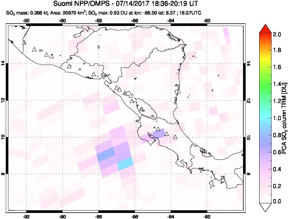 A sulfur dioxide image over Central America on Jul 14, 2017.