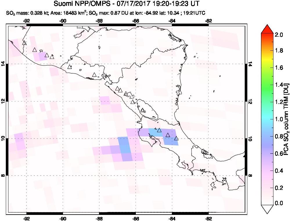 A sulfur dioxide image over Central America on Jul 17, 2017.