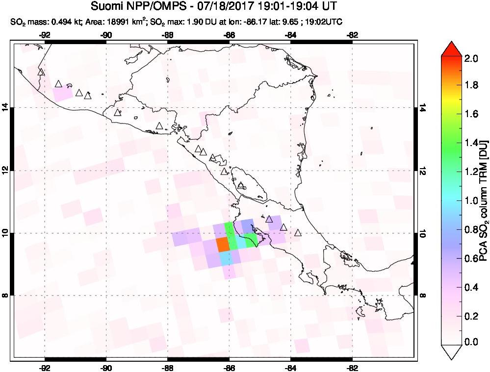 A sulfur dioxide image over Central America on Jul 18, 2017.