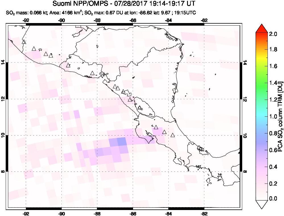 A sulfur dioxide image over Central America on Jul 28, 2017.
