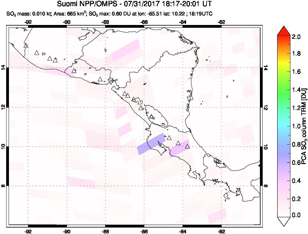 A sulfur dioxide image over Central America on Jul 31, 2017.
