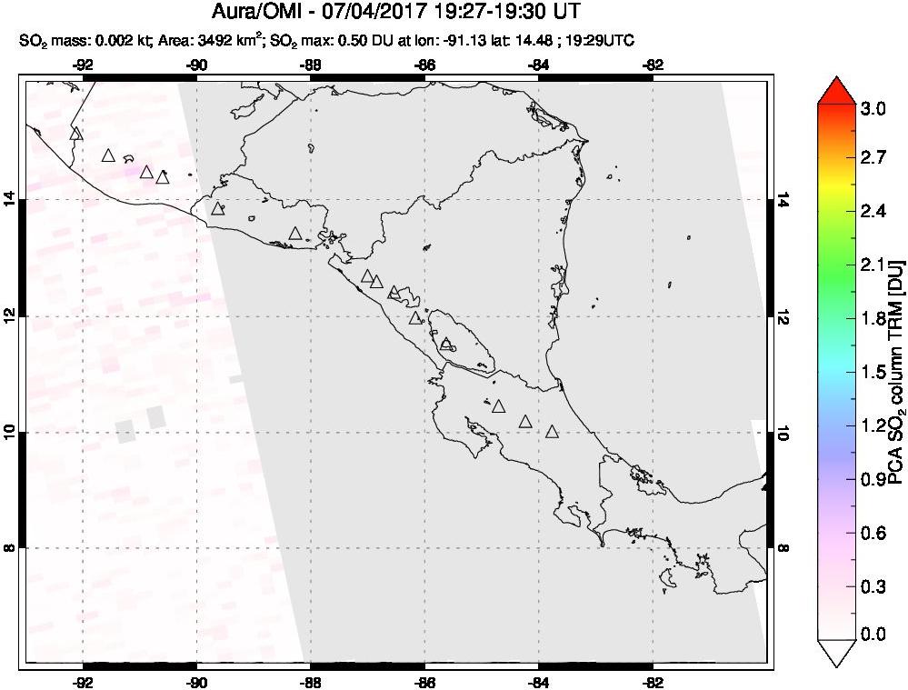 A sulfur dioxide image over Central America on Jul 04, 2017.