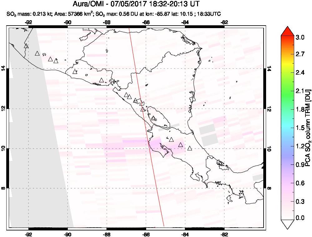 A sulfur dioxide image over Central America on Jul 05, 2017.