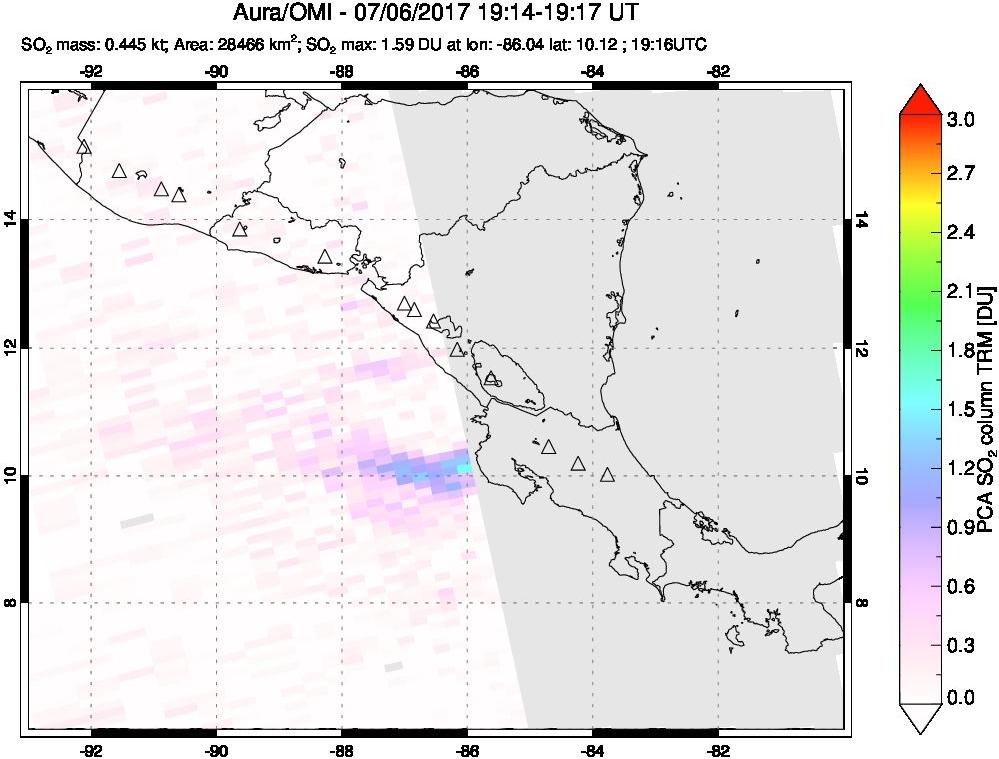 A sulfur dioxide image over Central America on Jul 06, 2017.