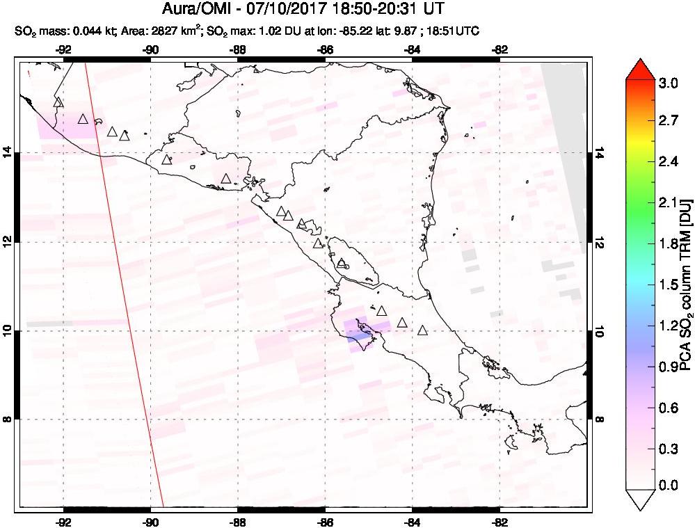 A sulfur dioxide image over Central America on Jul 10, 2017.