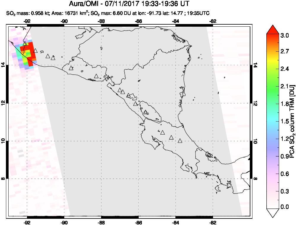 A sulfur dioxide image over Central America on Jul 11, 2017.