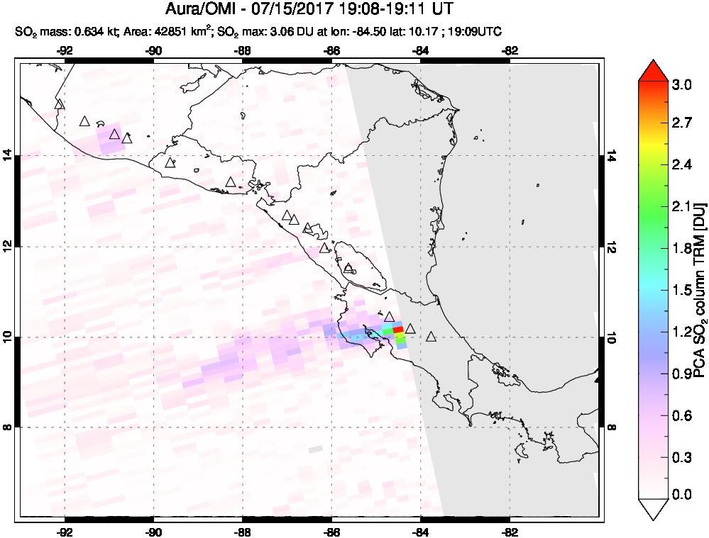 A sulfur dioxide image over Central America on Jul 15, 2017.