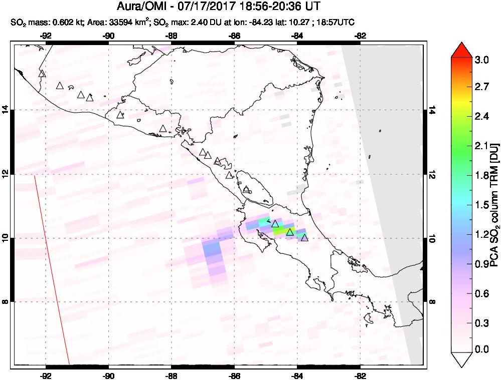A sulfur dioxide image over Central America on Jul 17, 2017.