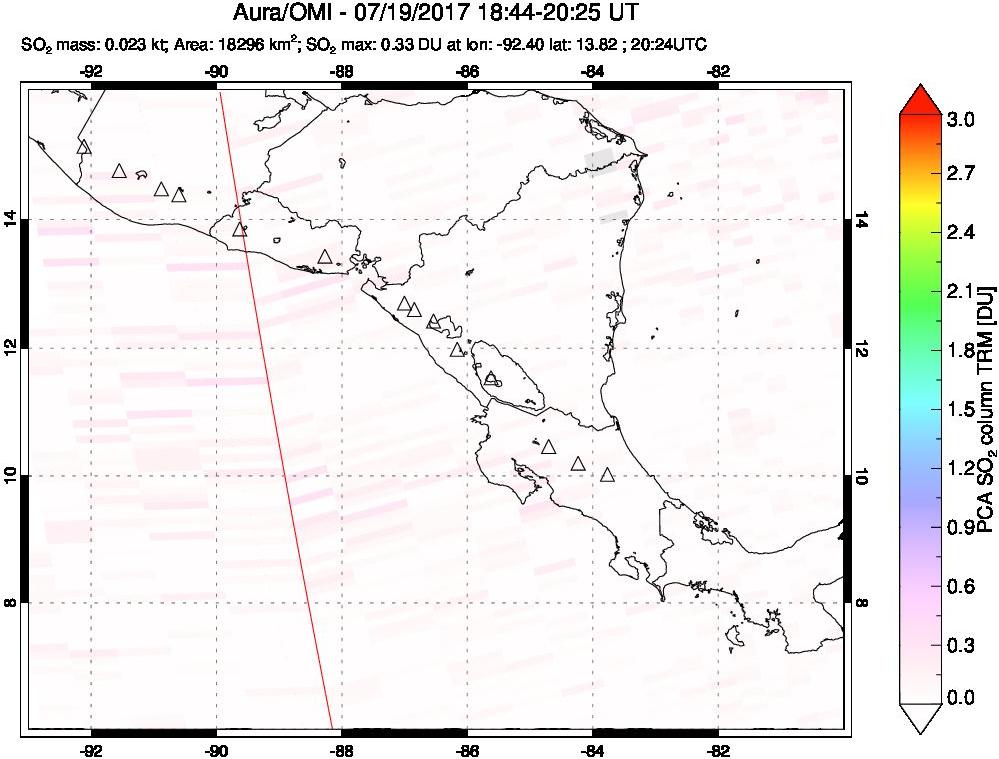 A sulfur dioxide image over Central America on Jul 19, 2017.