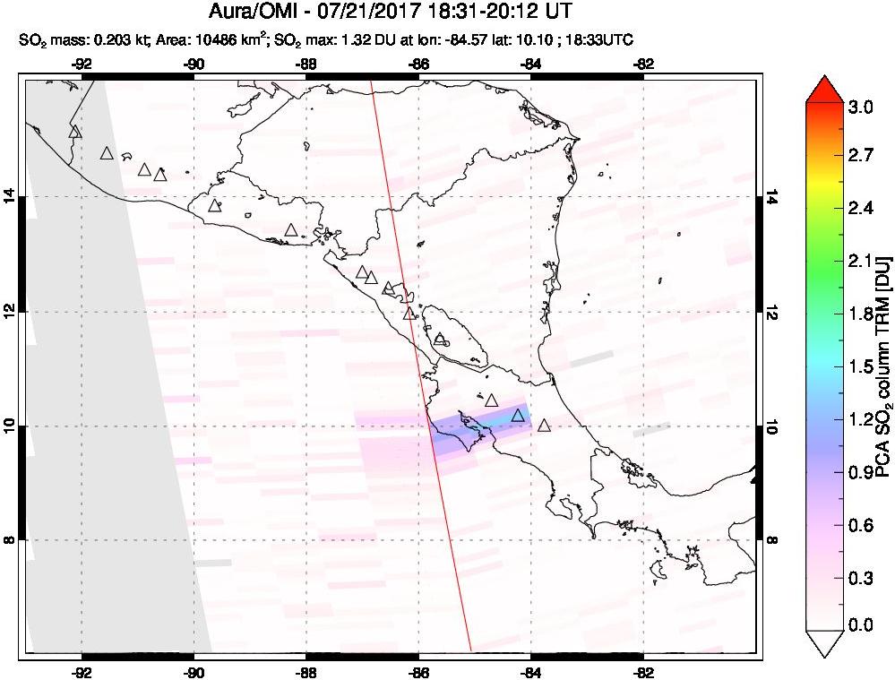 A sulfur dioxide image over Central America on Jul 21, 2017.