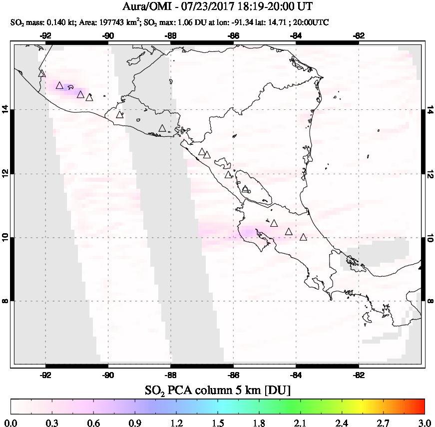 A sulfur dioxide image over Central America on Jul 23, 2017.