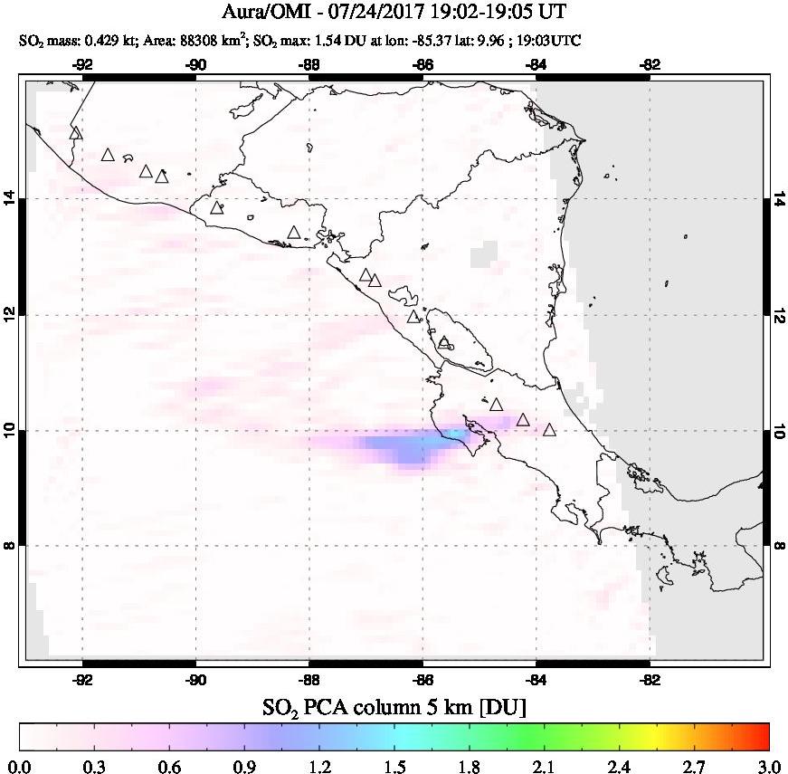 A sulfur dioxide image over Central America on Jul 24, 2017.