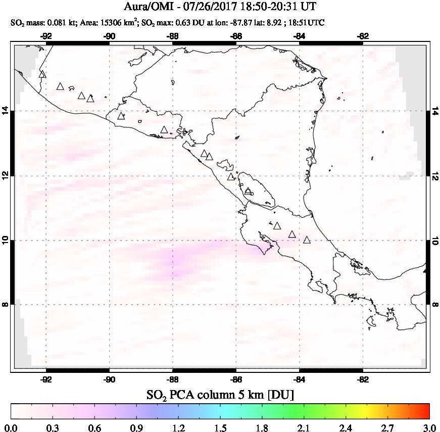 A sulfur dioxide image over Central America on Jul 26, 2017.