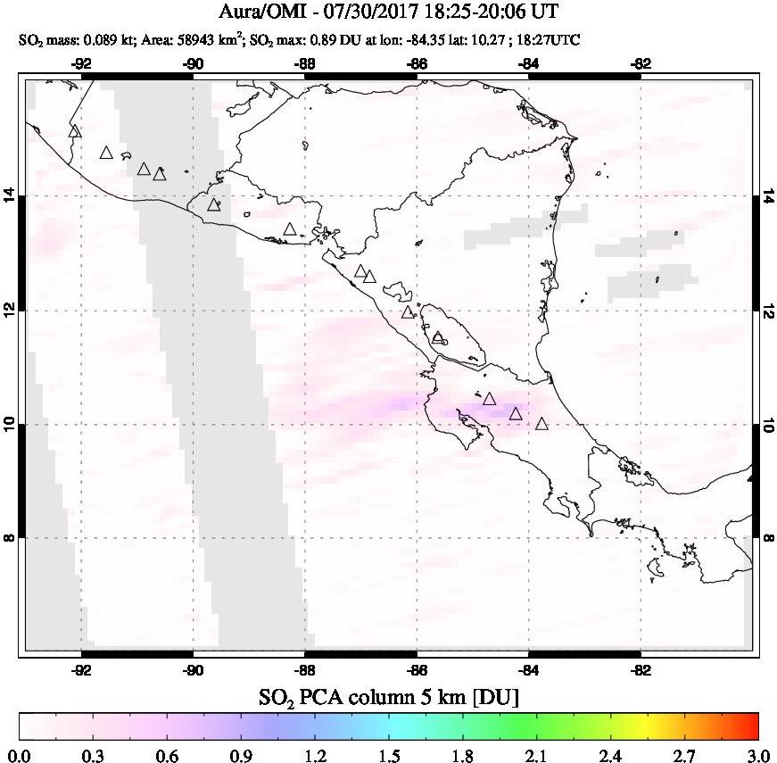 A sulfur dioxide image over Central America on Jul 30, 2017.