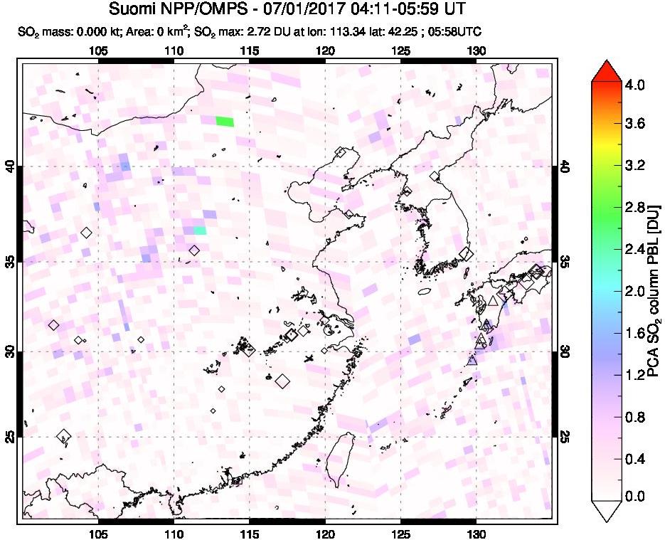 A sulfur dioxide image over Eastern China on Jul 01, 2017.