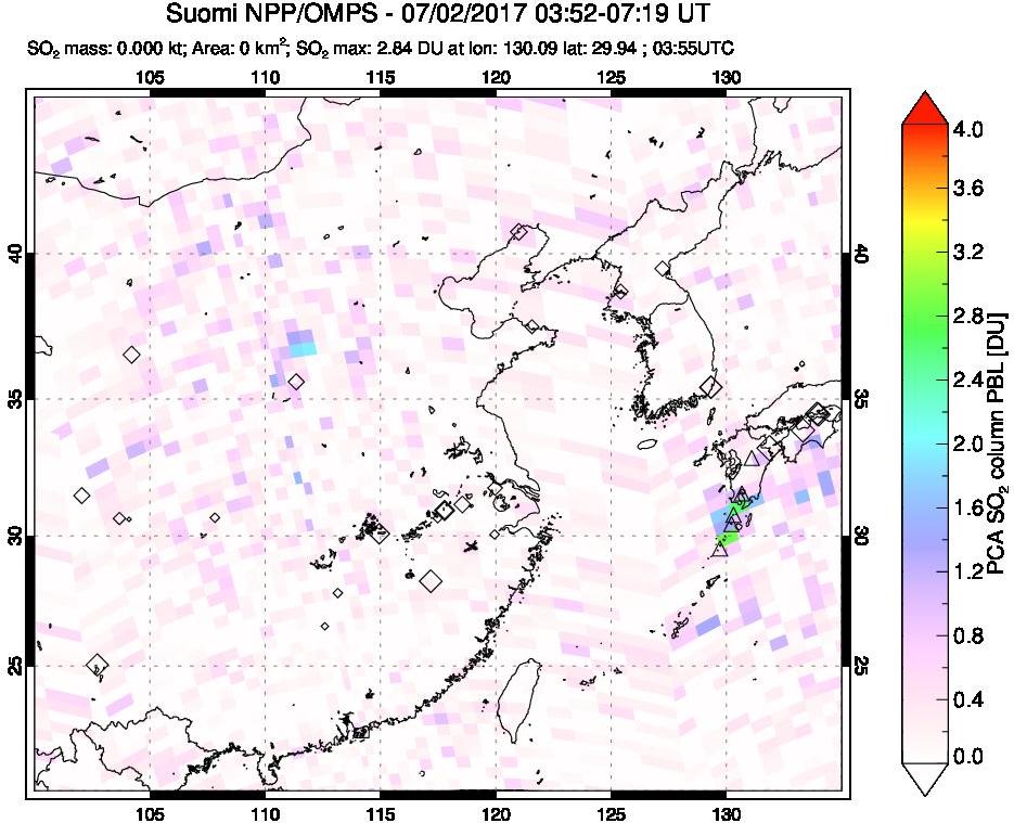 A sulfur dioxide image over Eastern China on Jul 02, 2017.