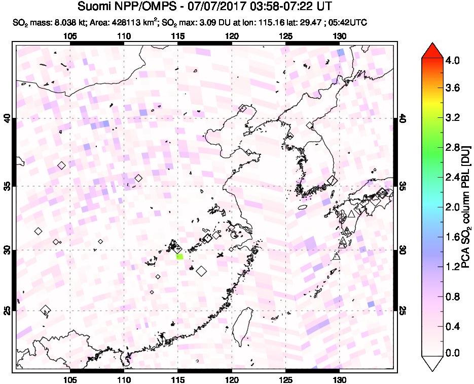 A sulfur dioxide image over Eastern China on Jul 07, 2017.