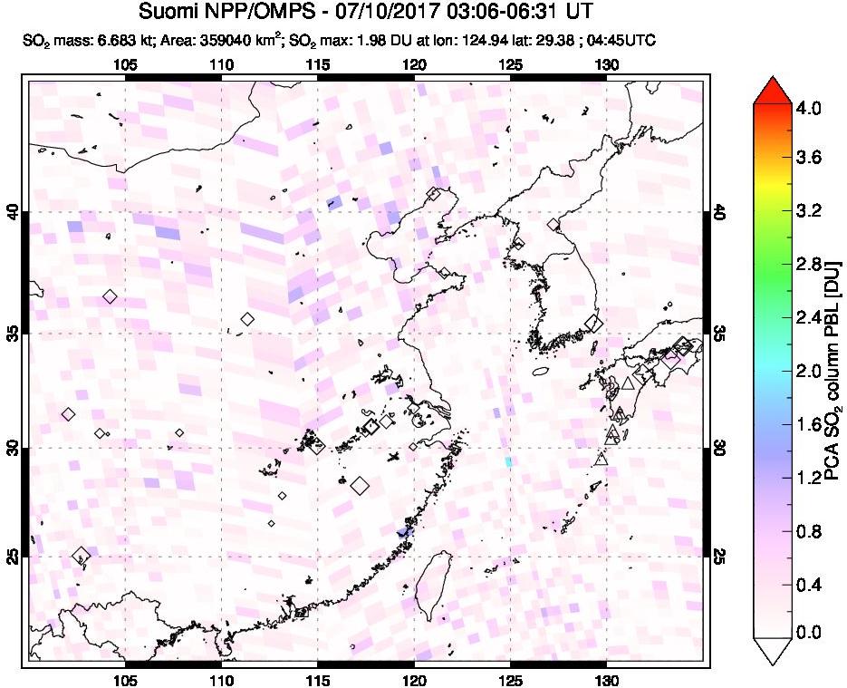 A sulfur dioxide image over Eastern China on Jul 10, 2017.