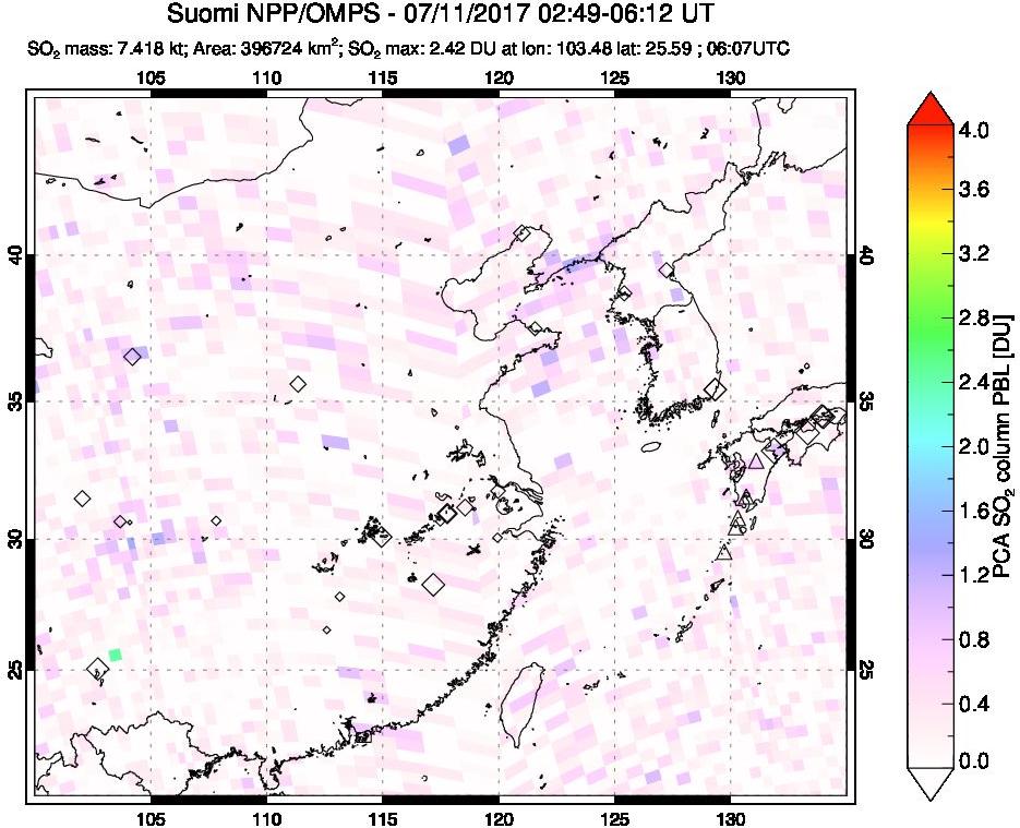 A sulfur dioxide image over Eastern China on Jul 11, 2017.