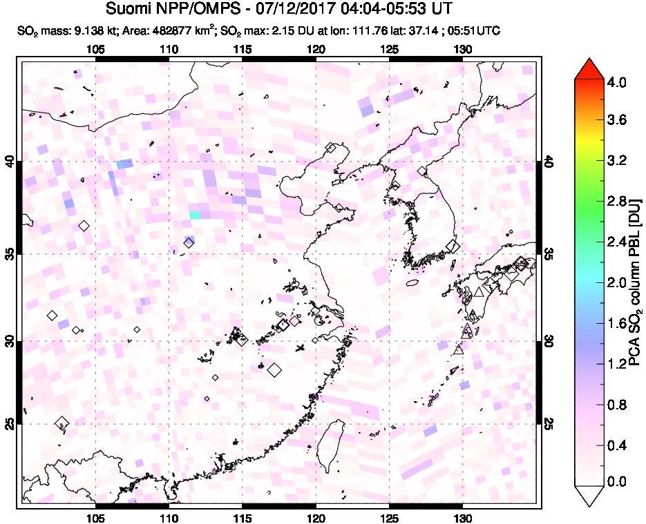 A sulfur dioxide image over Eastern China on Jul 12, 2017.