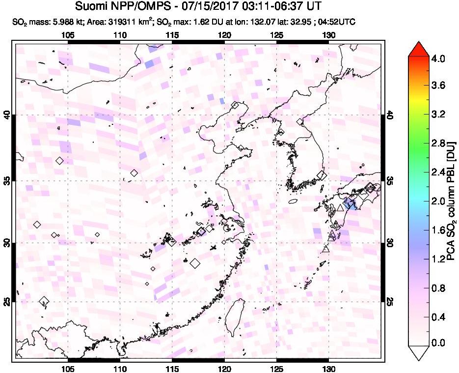 A sulfur dioxide image over Eastern China on Jul 15, 2017.