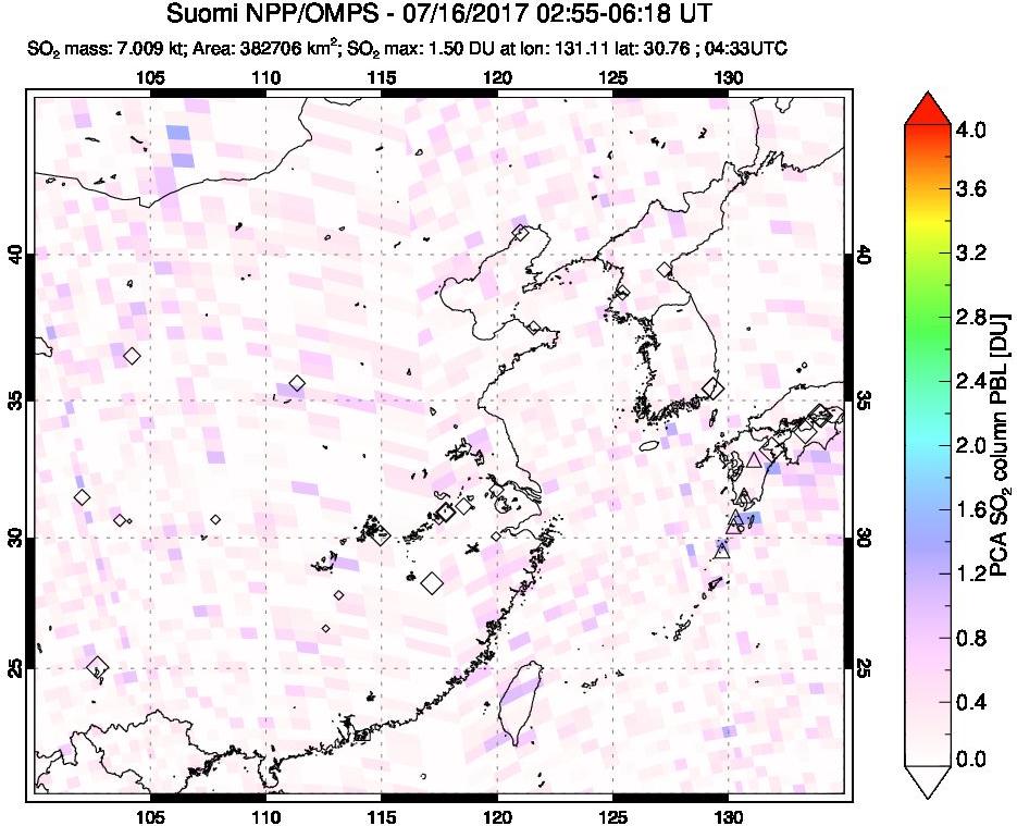 A sulfur dioxide image over Eastern China on Jul 16, 2017.