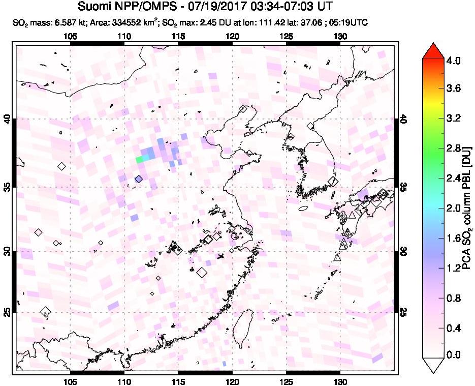 A sulfur dioxide image over Eastern China on Jul 19, 2017.