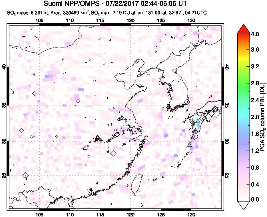 A sulfur dioxide image over Eastern China on Jul 22, 2017.