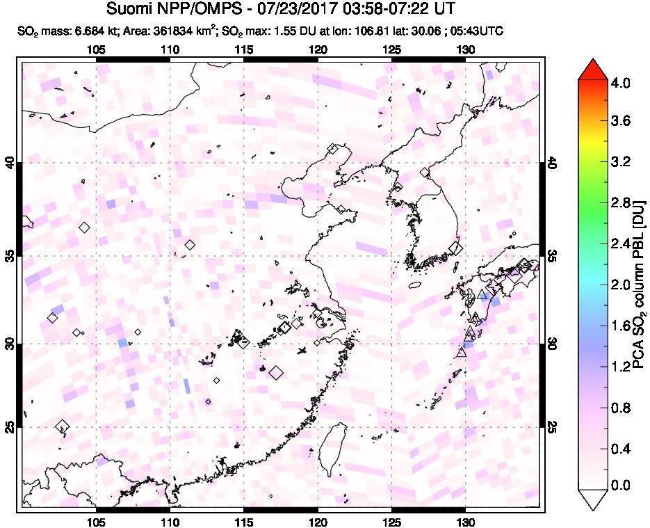 A sulfur dioxide image over Eastern China on Jul 23, 2017.
