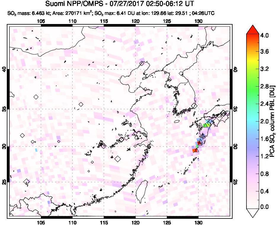 A sulfur dioxide image over Eastern China on Jul 27, 2017.
