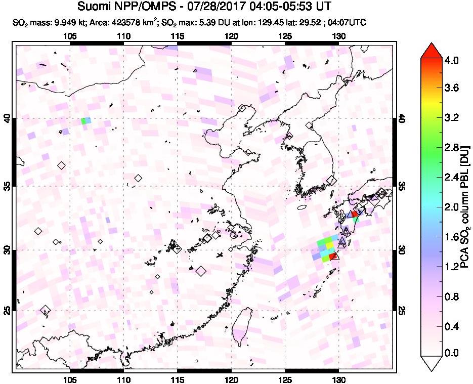 A sulfur dioxide image over Eastern China on Jul 28, 2017.